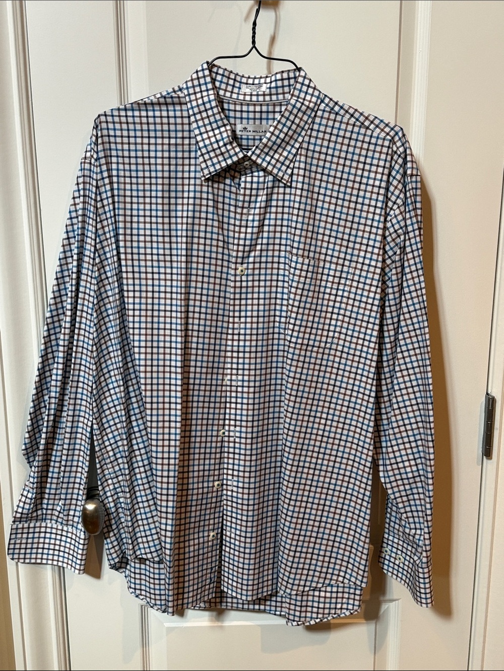 Peter Millar White Button-Down Shirt with Blue and Brown Windowpane Check